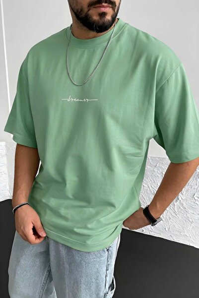 VACHT Men's Dreamer Light Green Printed Oversize Casual Boyfriend T-Shirt