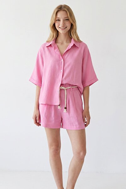 bacc Ροζ Σορτς και Πουκάμισο Καλοκαιρινό Βαμβακερό Σετ