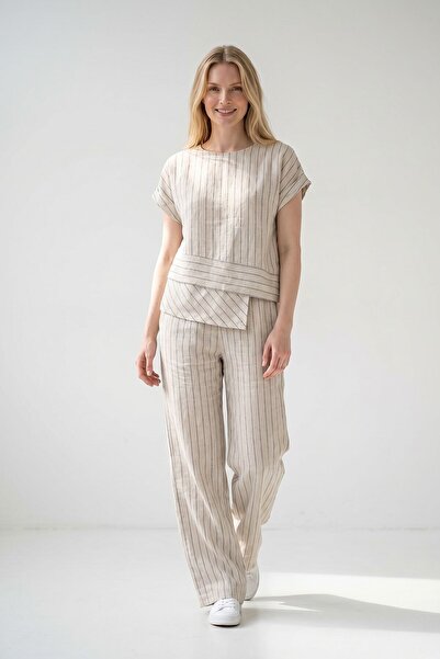 bacc Σετ άνω-κάτω με μπλε ρίγες από λινό Alaçatı