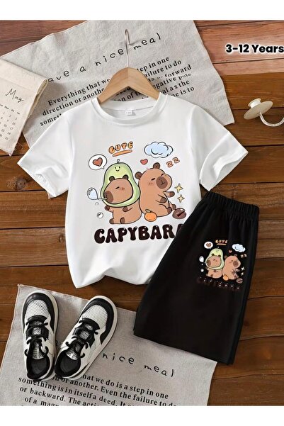 No Plan Girls-Boys Capybara Cute Printed T-Shirt Shorts Set