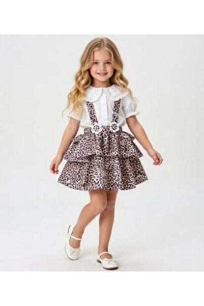 Lila Leo Kids Beyaz Dantel Bebe Yaka Detaylı Gömlek ve Leopar Salopet Elbise Set