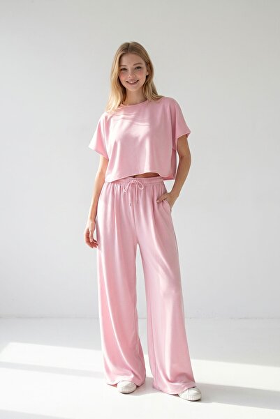 bacc Ροζ Σετ με φαρδιά μπατζάκια, άνετη εφαρμογή, από ύφασμα Modal, για κάτω ...