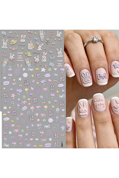 Choice1 WHITE 2pcs cartoon line bunny flower embossed nail art stickers, 5D s...