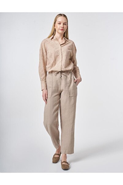 Kayra 100% Linen Patchwork Stitched Trousers Mink