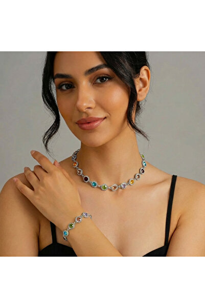 Choice1 Silver Korean Colorful Crystal Choker Necklace Bracelet for Women Spa...