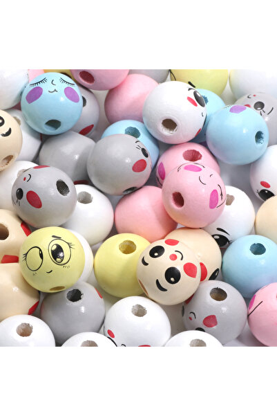 Choice C06648 20mm 10pcs Cute Smiling Face Wooden Beads Mixed Wood Balls Roun...