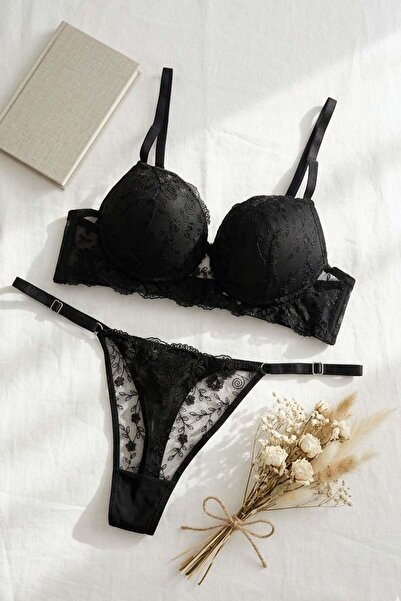 lamelif Σετ Σουτιέν Brode με Υποστήριξη, Μαύρο