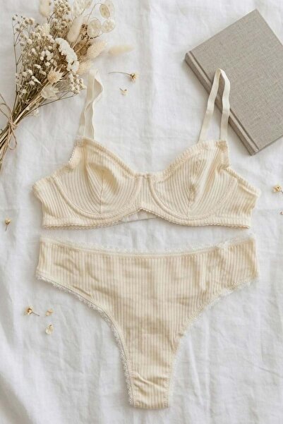 lamelif Ribbed Camisole Bra Set Yellow