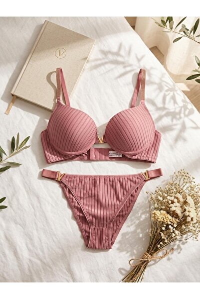 lamelif Σετ σουτιέν με πέτρα στον ώμο και λεπτομέρεια V, σε σκόνη