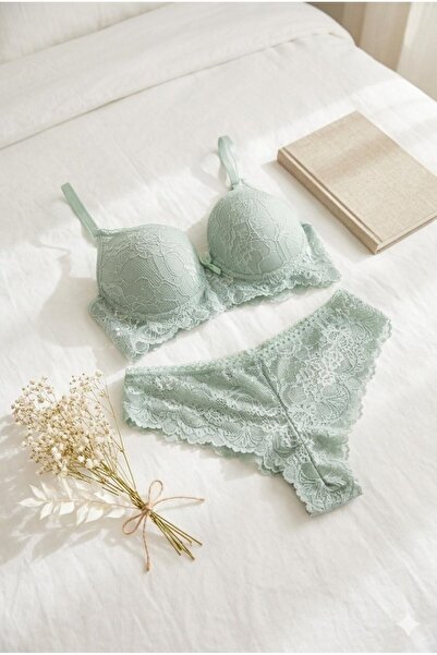 lamelif Σετ σουτιέν με δαντέλα και ενίσχυση, Πράσινο Μέντα