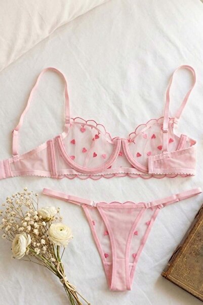 lamelif Σετ σουτιέν από τούλι με κέντημα καρδιάς σε ροζ χρώμα