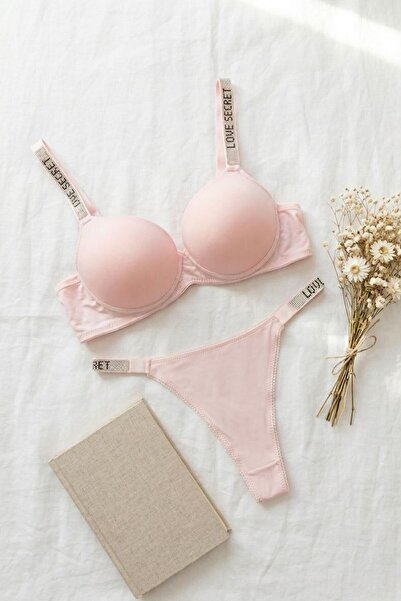 lamelif Σετ Σουτιέν με Υποστήριξη από Πέτρες από Μικρο-Ύφασμα Μονόχρωμο Καραμ...