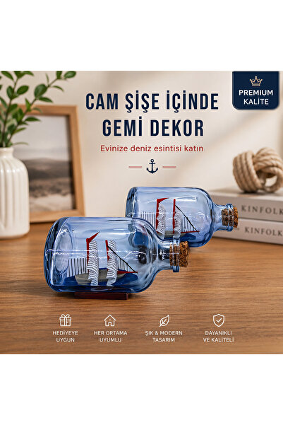 1DepoBu Mini Cam Şişe İçinde Gemi Dekoratif Obje – El Yapımı Marin Tasarım Biblo