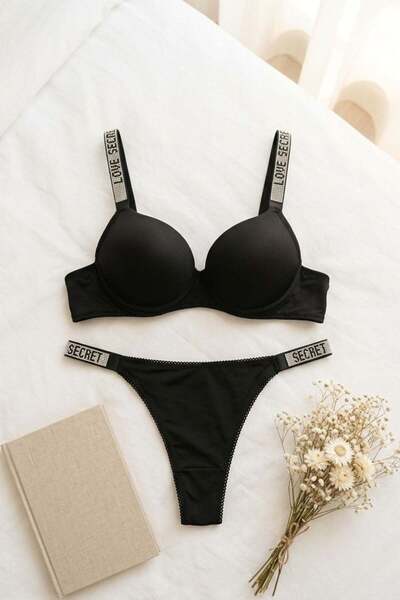 lamelif Σετ Σουτιέν Μικρο-ύφασμα Μονόχρωμο με Πέτρες Υποστήριξης Μαύρο