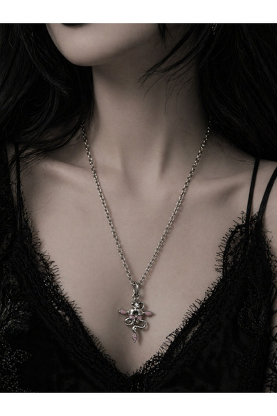 HER ŞEY NOTA www.herseynota.com Gothic Snake Figured Metal Necklace with Pink...