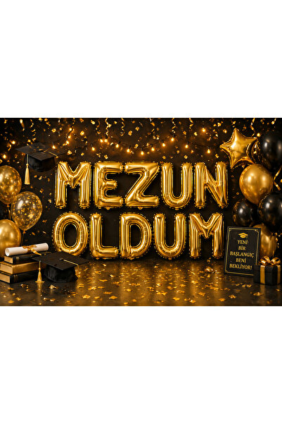 Dizayn Parti Evi 84 cm Mezuniyet Folyo Harf Balon Seti – MEZUN OLDUM Gold & G...