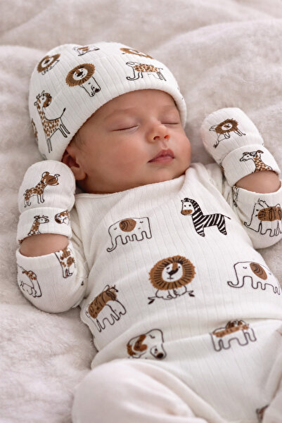 Minimissbaby Organic Baby Boy Zürağfa Arslan Patterned Hat and Gloves Set of 2