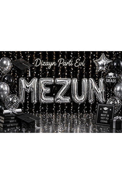 Dizayn Parti Evi 84 cm Mezuniyet Folyo Harf Balon Seti MEZUN – Gold & Gümüş R...