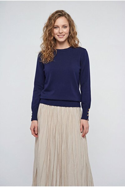 MİYALORA Düğme Detaylı Yuvarlak Yaka Triko Tunik - İndigo