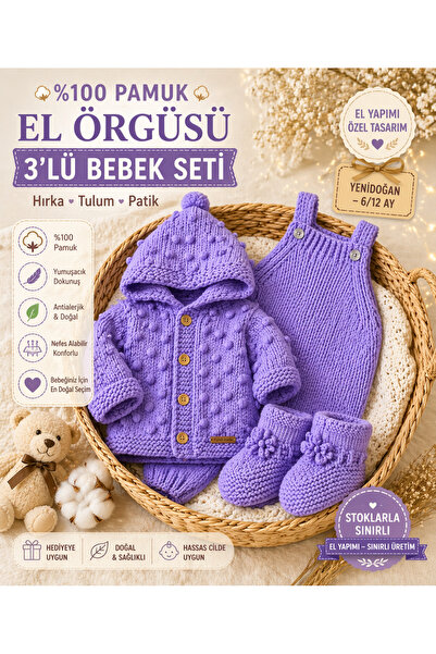 El örgüsü %100 Pamuk Bebek Takımı 3’lü Set Kapüşonlu Hırka Tulum Patik Antial...
