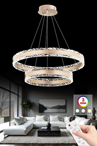 İstanbul Avize Claire Çift Katlı Rose Gold Kumandalı 3 Renk Ledli Modern Lüx ...