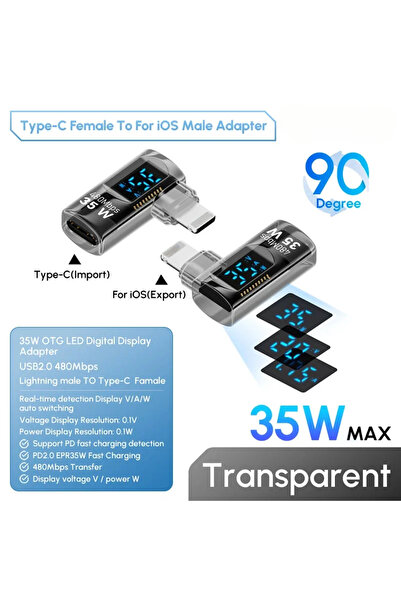 Choice14 محول شفاف بزاوية 90 درجة 140 واط من النوع C إلى Lightning OTG مع شاش...
