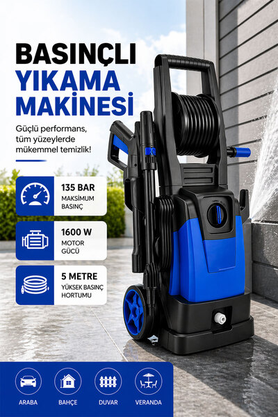 Badem10 Yüksek Basınçlı Yıkama Makinesi 135 Bar Güçlü Motor Oto Yıkama Bahçe ...
