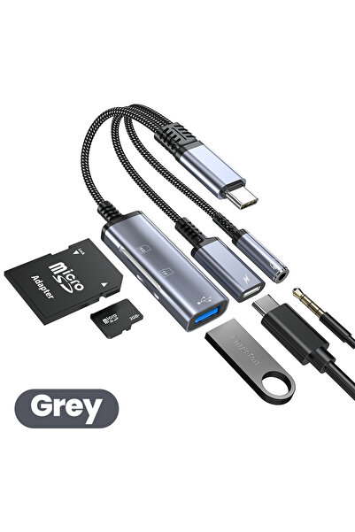 Choice محول رمادي اللون 5 في 1 من النوع C للشحن السريع مع منفذ USB C إلى 3.5 ...