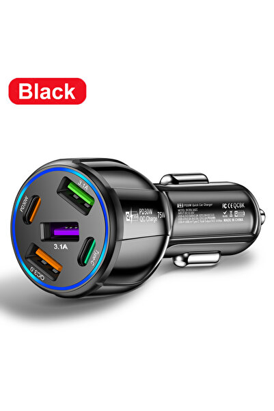 Choice4 شاحن سيارة أسود بقوة 75 واط مع 5 منافذ USB وشحن سريع PD من النوع C لل...