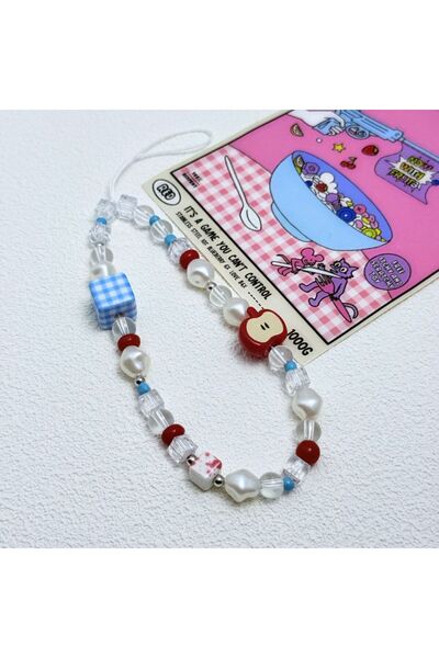 Choice Red Apple Handmade Bead Blue Checkered Mobile Phone Lanyard Red Phone ...