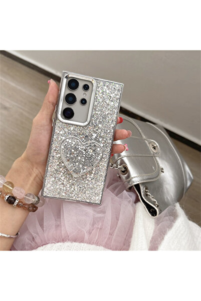 Choice7 Galaxy S24 Ultra Silver Sparkly Heart Stand Holder Case For S25 S24 S...