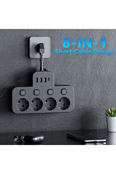Choice5 محول كهربائي أوروبي أسود بسلك قصير، متعدد المقابس، بتصميم مفتاح مستقل...