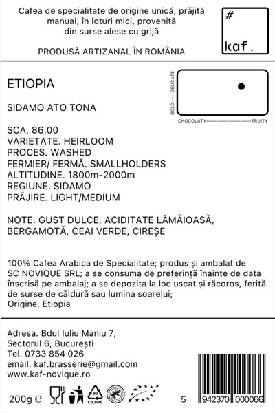 KAF by NOVIQUE Cafea de specialitate Single Origin ETIOPIA Sidamo Ato Tona