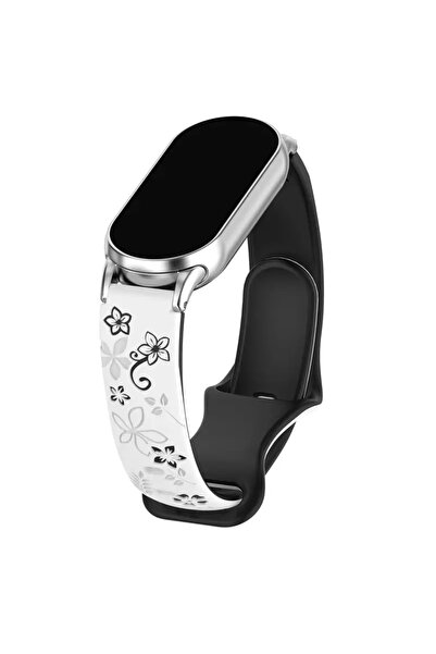 Choice4 سوار سيليكون أبيض وأسود ثلاثي الأبعاد منقوش بالزهور لـ Mi Band 8 و9، ...