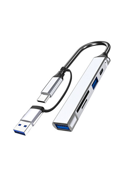Choice محول USB C فضي 5 في 1 مع قارئ/كاتب بطاقات منفصل ومحطة إرساء ومحول لابت...