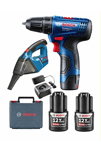 Bosch Gsr 120 Li 3 Ah Çift Bataryalı Vidalama ve Gas 12 Şarjlı Araç SÜPÜRGESİ