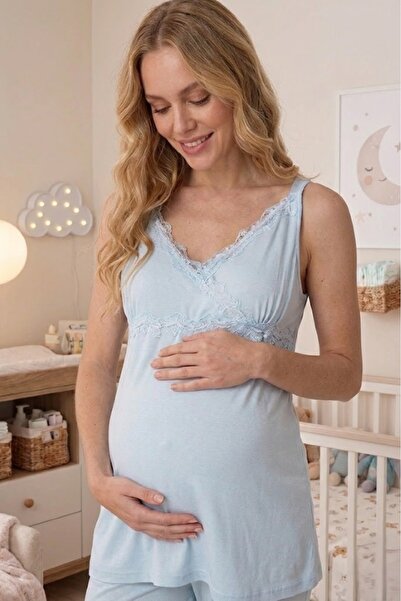 Pelin Women's Adjustable Strap Lace 2-Piece Maternity Pajama Set