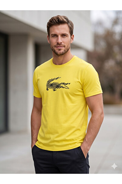 Farah Tekstil Sıfır Yaka Pamuklu, Likralı Timsah Baskılı Erkek T-shirt / Günlük
