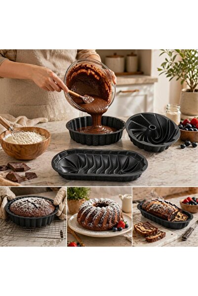 CHEFTİME Premium 3'lü Tart&Rüzgar&Baton Siyah Döküm Kek Kalıbı