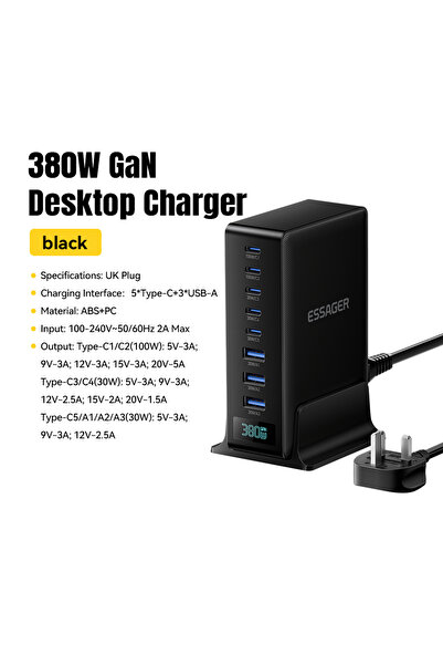 Choice1 ESSAGER UK GaN 380W Essager 380W GaN Fast Charging Charger Stand 8-in...