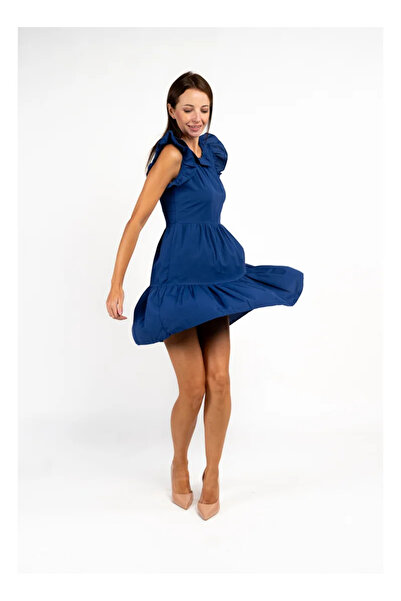 Fashonara Short Ruffled Royal Blue Cotton Dress