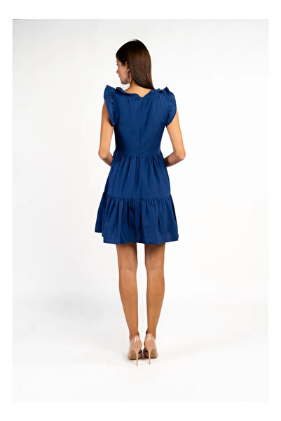 Fashonara Short Ruffled Royal Blue Cotton Dress