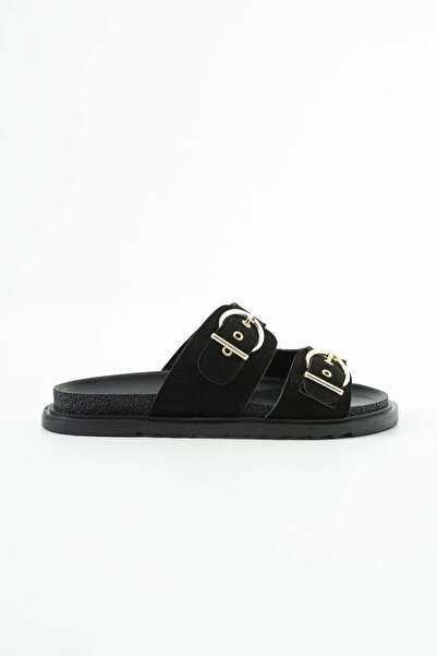 BeBeQ Store Παντόφλες Brew Μαύρες Σουέντ με Χρυσή Λεπτομέρεια Πόρπης