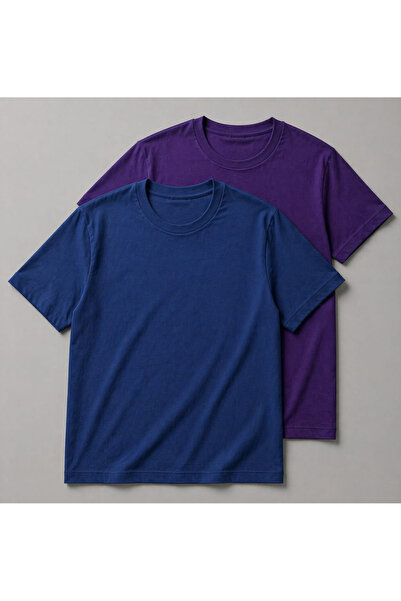 mw memowear Unisex Ανδρικό/Γυναικείο Σετ 2 τεμαχίων Μπλε-Μωβ Βαμβακερό T-Shir...