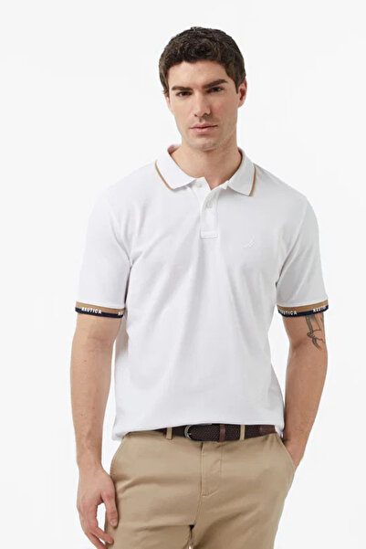 Nautica تي شيرت رجالي أبيض ذو قصة عادية وياقة بولو