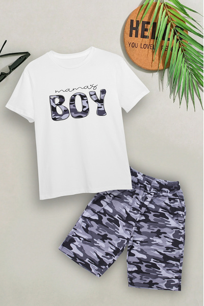 YA KO KİDS Σετ μπλουζάκι και σορτς για αγόρια με σχέδιο καμουφλάζ, λευκό εμπρ...