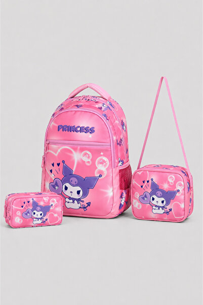 KAFF Pink Kuromi Patterned Bag, Lunch Bag, Pencil Holder, Girls' 3-Piece Set,...
