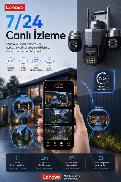 LENOVO 3 MOTORİZE Kameralı 15MP WİFİ AOV Sürekli Kayıt Özellikli ULTRA RENKLİ Gece Görüşlü Güvenlik Kamerası