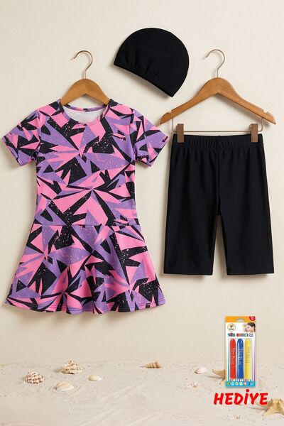 ZUZUNGA Set costum de baie pentru fete cu fustă cu model geometric – Cadou in...