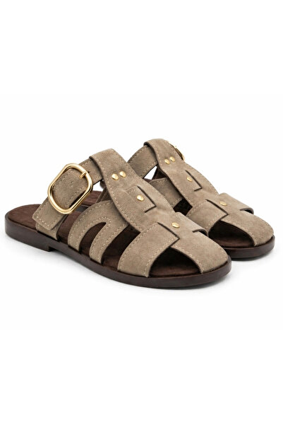 modastilin Nerissa Women's Mink Multi-Strap Gold Buckle Suede Textured Flat S...